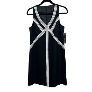 Maggy‎ London Sheath Dress V Neck Black Cream Trim Sleeveless Lined Women Size 8